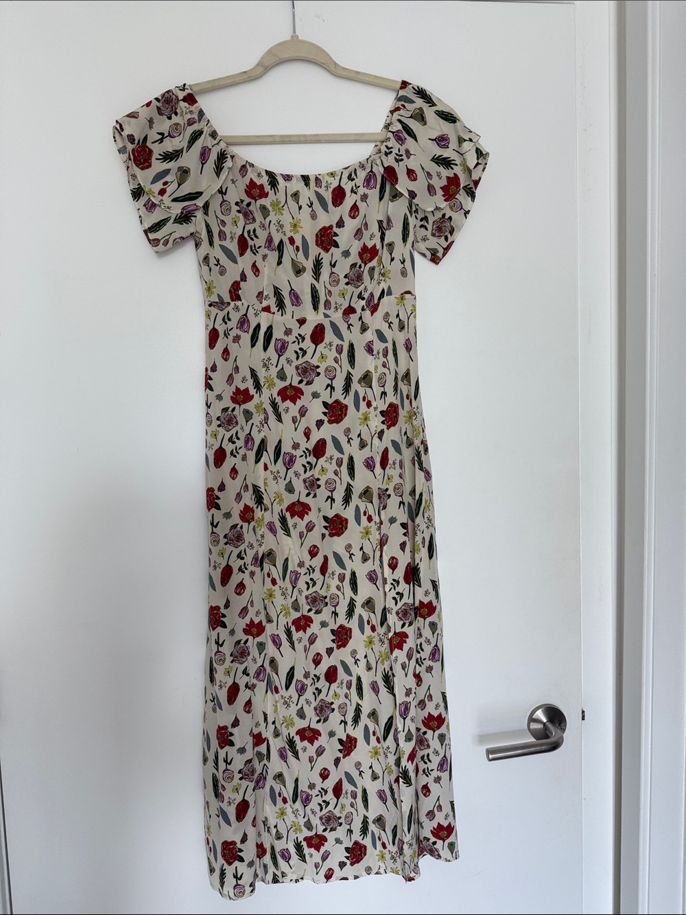 100% Silk Stone Cold Fox Midi Off Shoulder High Slit Dress in Ivory Floral Print